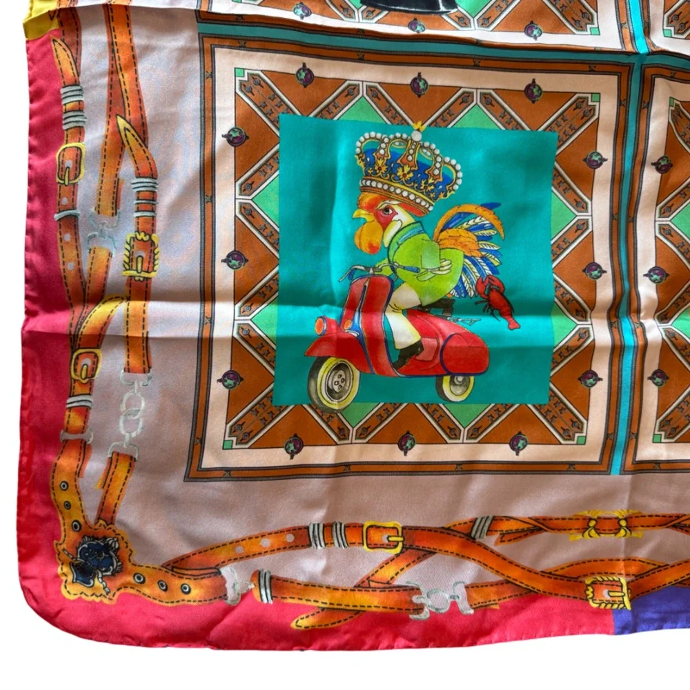 Vintage Rare Etro Dog Cowboy Western 100% Luxury Designer Colorful Silk Scarf OS